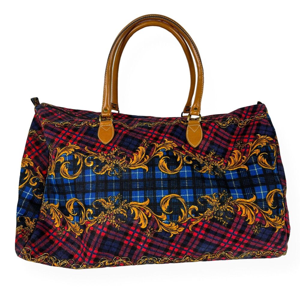 Gitano Y2K Duffel Travel Bag 90s Plaid Tapestry Canvas Tote Cottage Retro Chic - Picture 4 of 13
